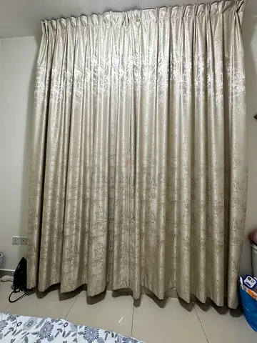 Pair of Beige Velvet Curtains with Light Damask Pattern - Good Condition