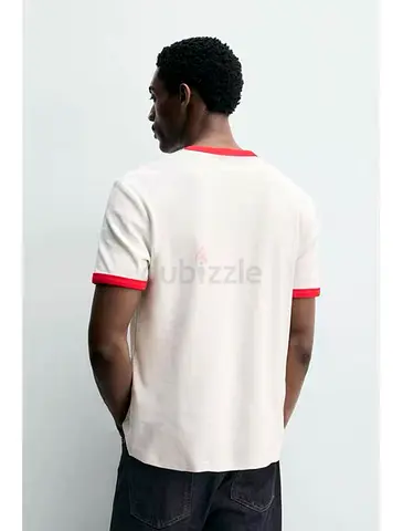White short-sleeve T-shirt with red trim - mens casual tee, size M