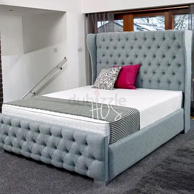 Modern Grey Upholstered Bed Frame with Headboard - Queen
