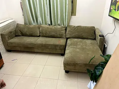 Olive green L-shaped fabric sofa with chaise - good condition