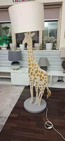 Tall Wooden Giraffe Floor Lamp with Large White Shade - Good Condition