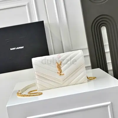 Saint Laurent (YSL) Monogram Envelope Chain Wallet in White Chevron Quilted Leather with Gold Hardwa