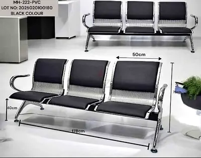3-Seater Stainless Steel Waiting Room Bench with Padded Seats (Black)