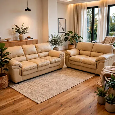 Beige Leather 3-seater Sofa + 2-seater Loveseat Set - Good Condition