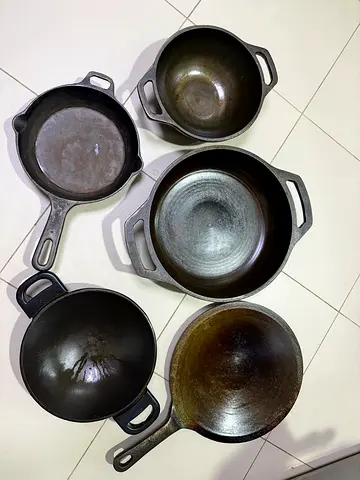 Set of 5 Used Cast Iron Pans and Woks - Various Sizes