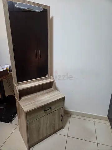 Compact dressing table with mirror and storage cabinet- light oak finish, LED light, no stool