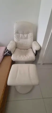White leather recliner chair with matching footstool - good condition