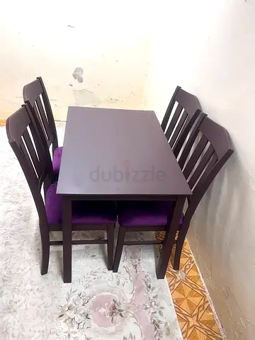 Wooden 4-Seater Dining Table with Purple Cushions - Compact set