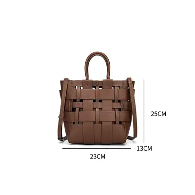 Brown Woven Leather Tote Bag with Removable Strap - Small