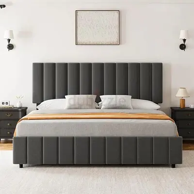 Modern Upholstered Bed Frame with Vertical Channel Tufted Headboard
