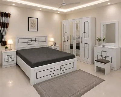 White 5-piece Bedroom Set: Bed, Wardrobe, Nightstands, Dresser Stool