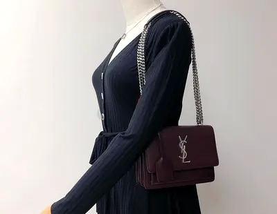 YSL Medium Shoulder Bag in Burgundy Suede with Silver Chain