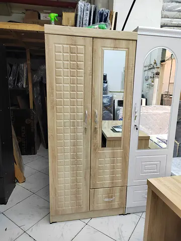 Light Wood 2-Door Wardrobe with Mirror and Drawer