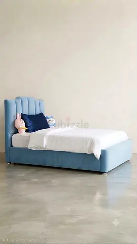 Single upholstered bed with padded headboard - light blue with mattress