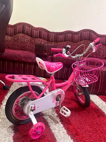 Pink girls kids bicycle with training wheels and basket - good condition