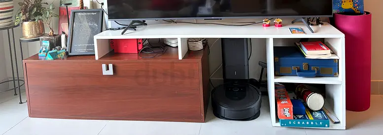 White and Wood TV Unit with Open Shelves and storage cabinet (TABLE ONLY NO ELECTRONICS INCLUDED)