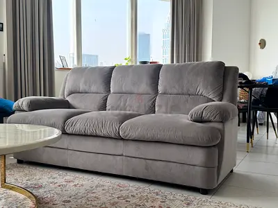 Comfortable 3+2 seater grey plush soft fabric sofa in mint condition. 2 year old - barely used
