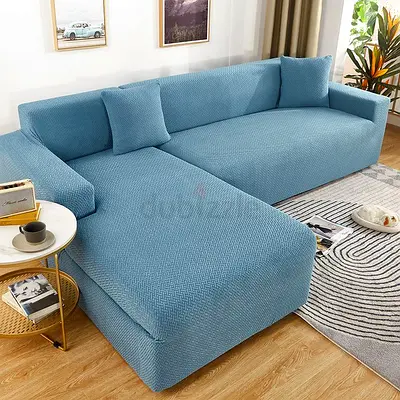 Light Blue L-shaped Sofa Cover Set - Stretch, 5-Seater with Chaise