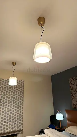 Pair of modern pendant ceiling lights - white shades, gold fittings