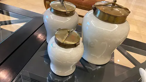 Set of 3 Decorative Ceramic Ginger Jars with Brass Lids