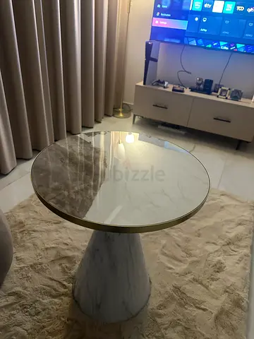 Round Marble Side Table with Gold Trim — Small Accent Table