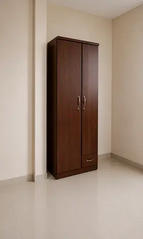 Dark wood 2-door wardrobe with bottom drawer — good condition