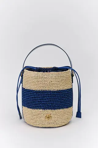 Handmade Raffia Bucket Bag with Navy Leather Trim
