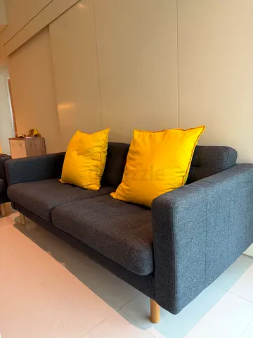 IKEA 3-seater grey fabric sofa with yellow cushions - good condition