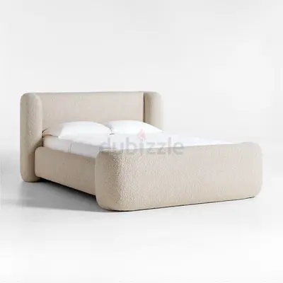 Beige Upholstered Double Bed with Rounded Headboard and Footboard