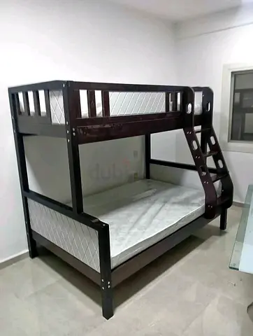 Solid Wood Bunk Bed with Ladder - Double Bottom, Single Top, Good Condition