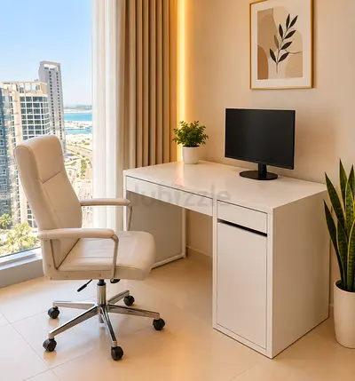 Modern White Study Desk with Integrated Storage with chair