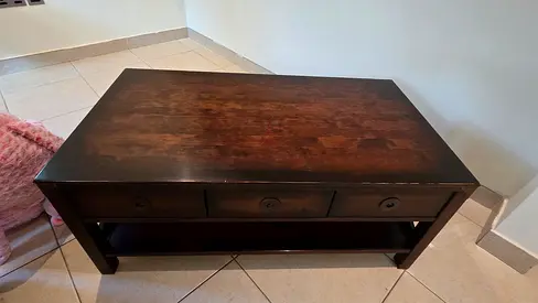 Dark Wood Coffee Table with 3 Drawers and Lower Shelf