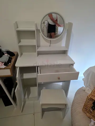 Childrens White Dressing Table with Mirror, Shelves and Storage Stool