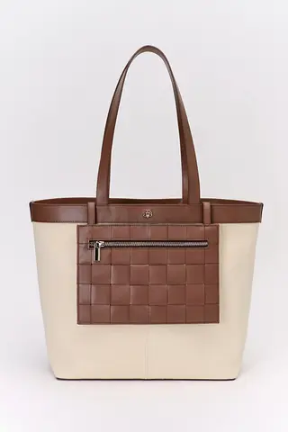 Beige Canvas Tote Bag with Brown Leather Woven Pocket and Straps