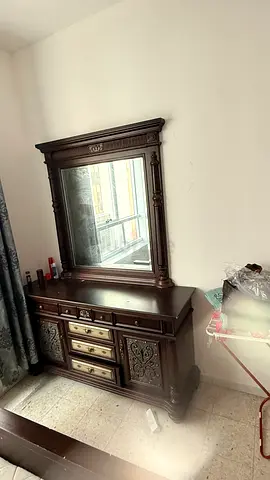 Classic Dark Wood Dresser with Mirror and bed set with side table