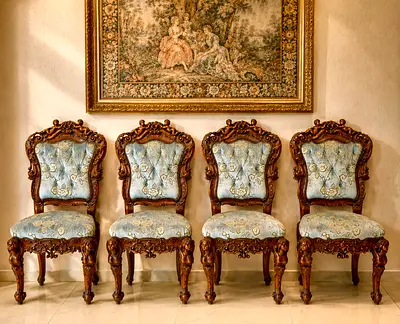 GENUINE ANTIQUE WALNUT WOOD CHAIR SET