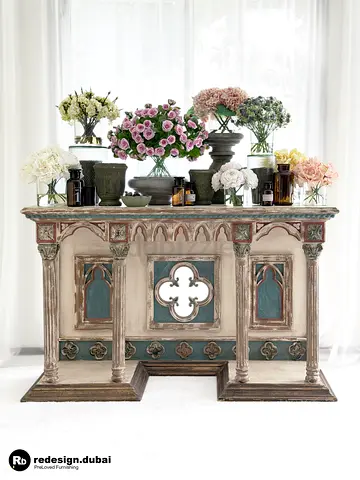 RUSTIC GOTHIC REVIVAL ARCHITECTURAL CONSOLE TABLE or sideboard on display accent or buffet on foyer