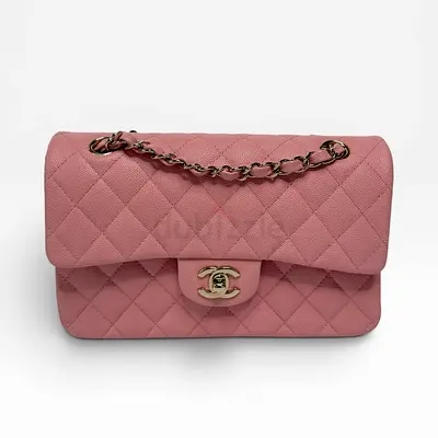 CHANEL SMALL CLASSIC DOUBLE FLAP IN PINK CAVIAR LEATHER WITH GOLD HARDWARE