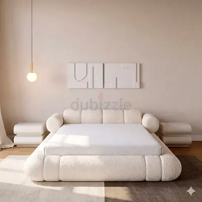 Low-profile modern boucle platform bed - King size, cream
