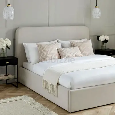 Beige Upholstered Double Bed with Padded Headboard