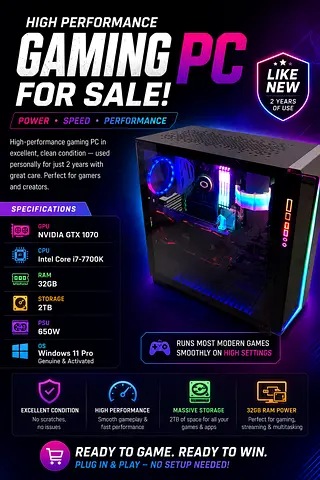 Gaming PC - GTX 1070, i7 7700K, 32GB RAM - Like New