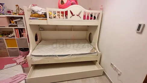 3in1 White Wooden Bunk Bed with Butterfly Design — Double Lower Bed, Good Condition
