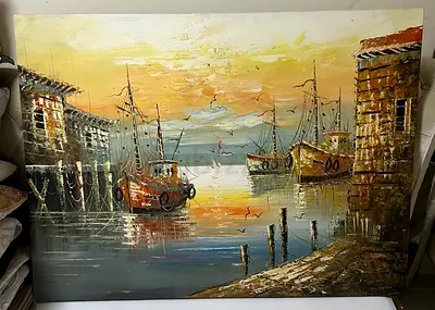Oil-Style Seaside Harbor Painting with Fishing Boats (Hand painted, painted 3D style)