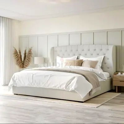 Upholstered Tufted King Bed with Headboard - Beige, Modern