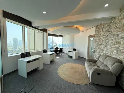Elegant Workspace with Contemporary Design & Skyline Views