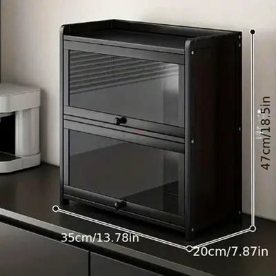 Compact 2-Tier Black Storage Cabinet with Roll-Top Doors