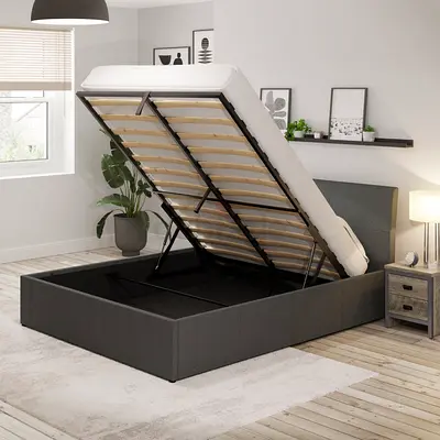 Dark gray leather fabric queen lift up storage bed