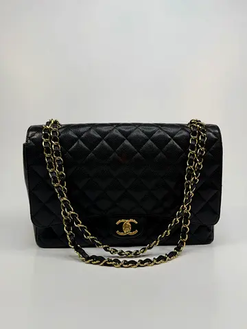 CHANEL MAXI CLASSIC DOUBLE FLAP IN BLACK CAVIAR LEATHER WITH GOLD HARDWARE