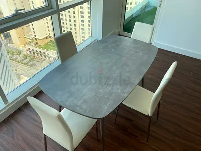 Modern Grey Dining Table with 4 White Chairs - Good Condition