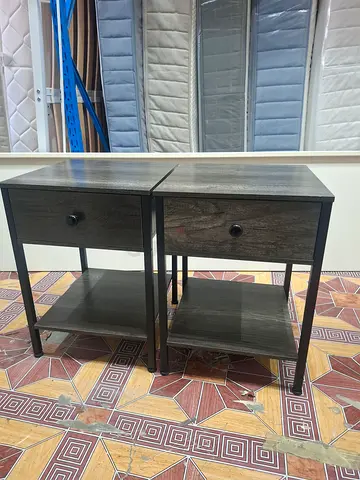 Small wooden side table with drawer and metal frame - good condition
